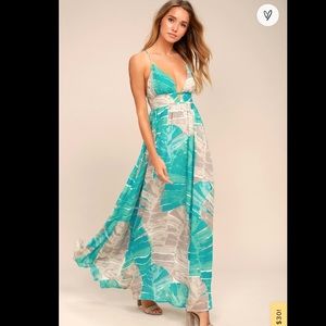 Sea Glass Turquoise Print Backless Maxi Dress